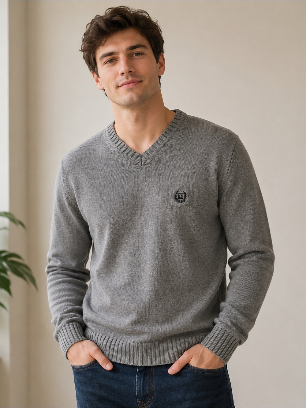 Chaps Gray V-Neck Cotton Sweater Men’s Medium
